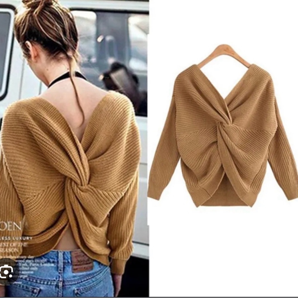 Batwing Loose Fit VNeck Knit Sweater With Fun Knotted Back | Beige | Small - Picture 1 of 6